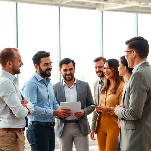 A group of diverse professionals collaborating around a table, signifying teamwork and interview preparation.